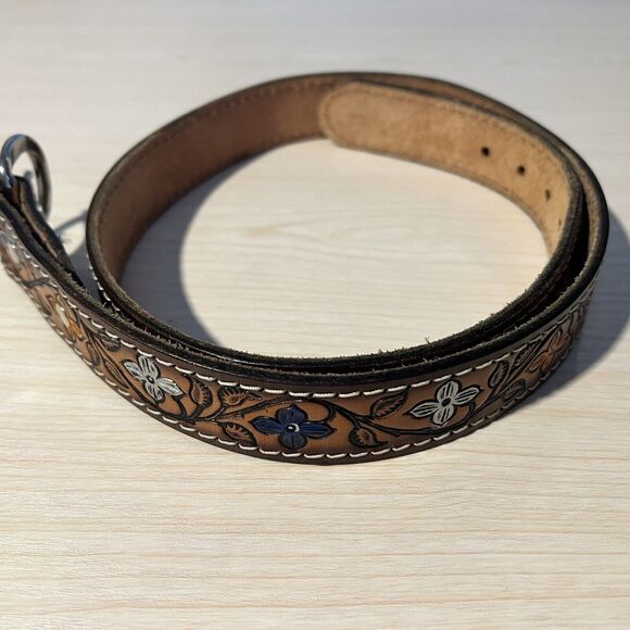 Womens Belt Hand Painted 34-36 Floral Tooled Cowhide Leather Western Rodeo JANE main image 16